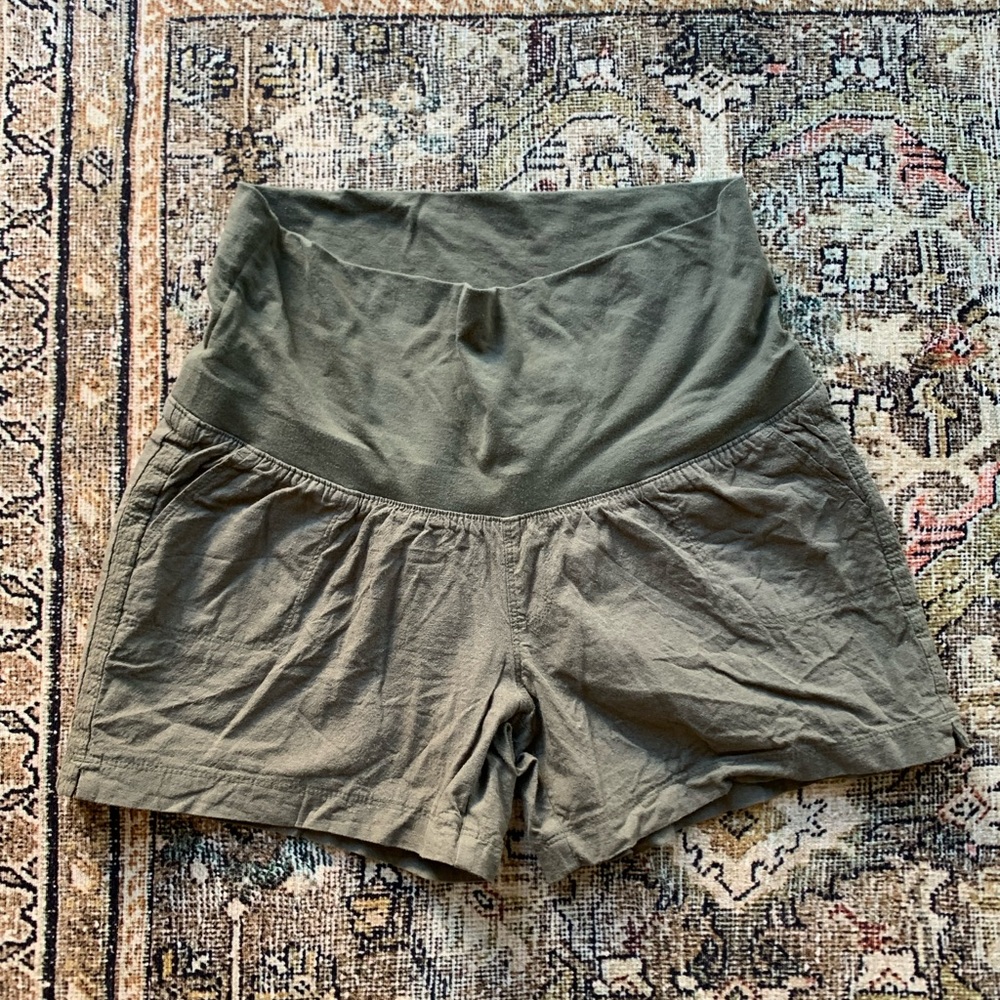 Isabel Maternity Army Green Linen Maternity Shorts Size Small